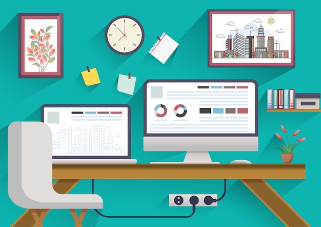 Vector illustration of modern workplace in room