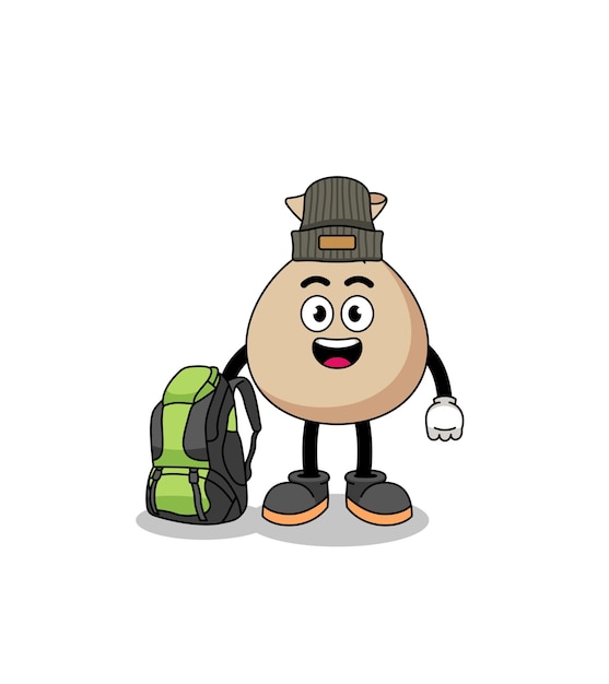 Illustration of money sack mascot as a hiker character design