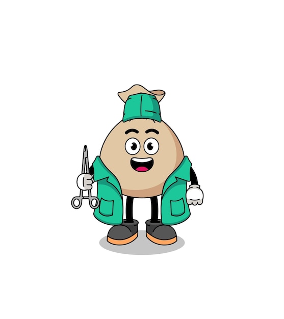 Illustration of money sack mascot as a surgeon character design