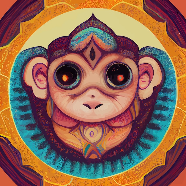 Illustration of monkey baby face in hand draw mandala style in circle