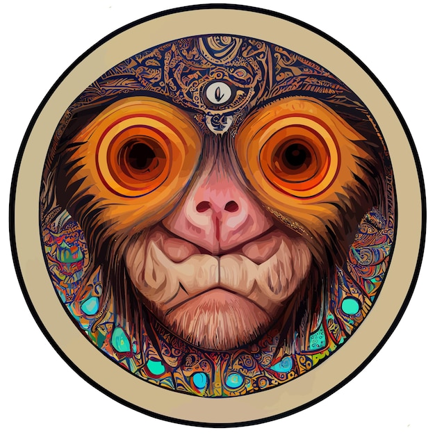 Illustration of monkey face in hand draw mandala style in circle