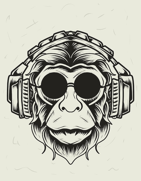 illustration monkey head with headphone monocrome style