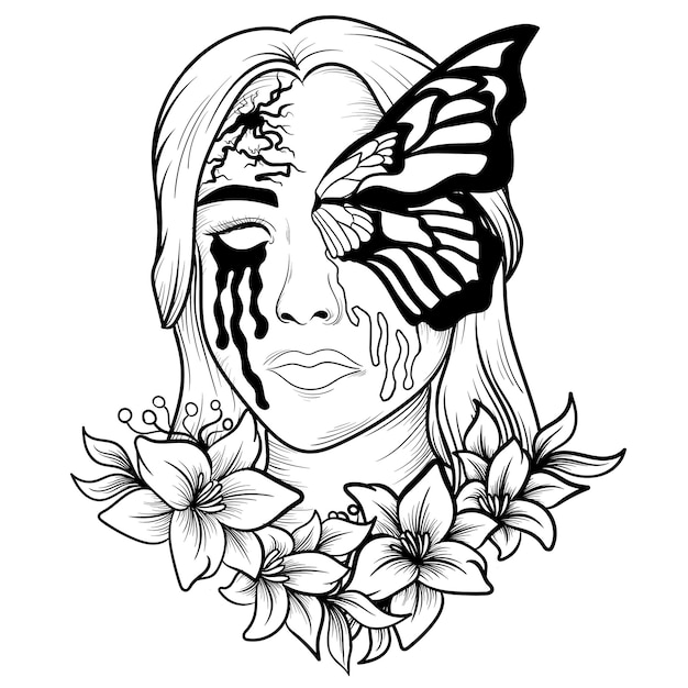 삽화 흑백 미술 나비 소녀 두개골과 꽃 티셔츠 디자인