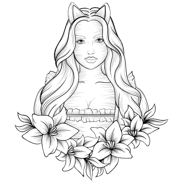 Vector illustration monochrome art maid with flower tattoo and tshirt design