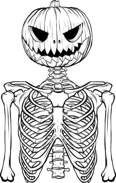 Vector illustration of monochrome halloween skeleton pumpkin