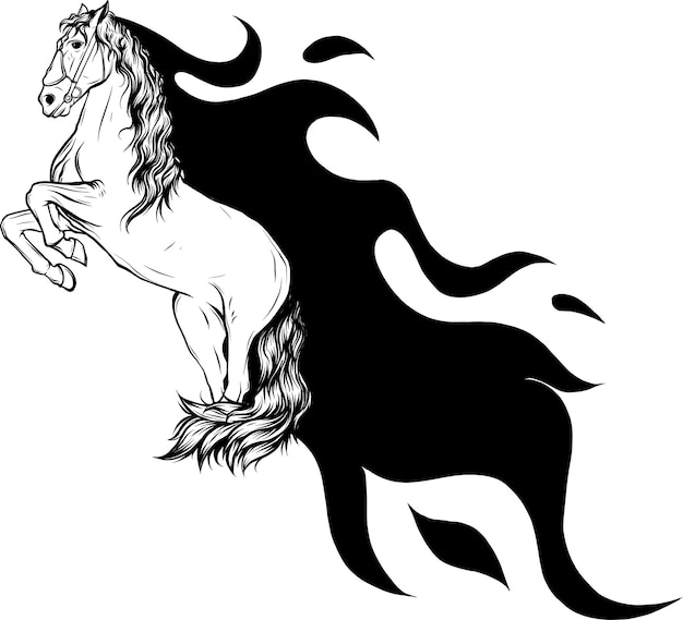 illustration of monochrome horse with flames on white background