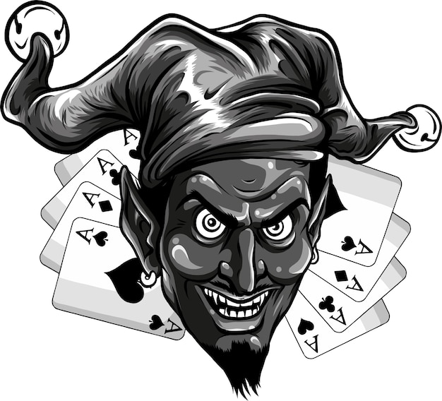 Vector illustration of monochrome jester s mask with cards