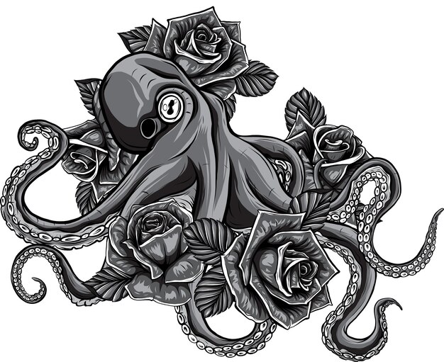 Vector illustration of monochrome octopus with roses