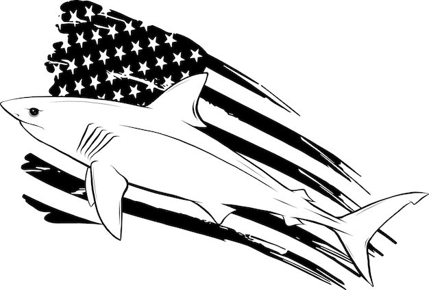 Illustrazione di uno squalo monocromo con la bandiera americana