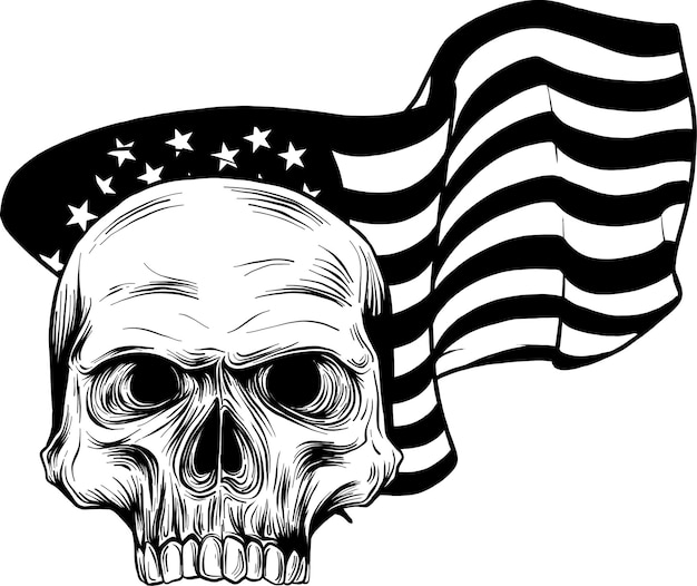 白い背景のアメリカ国旗のモノクロの頭蓋骨のイラスト
