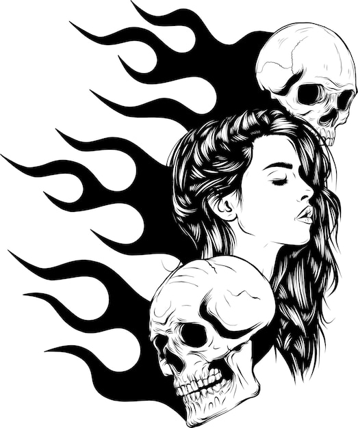 Vector illustration of monochrome skulls with woman head on flames