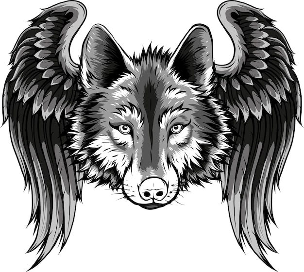 Vector illustration of monochrome wolf with wings