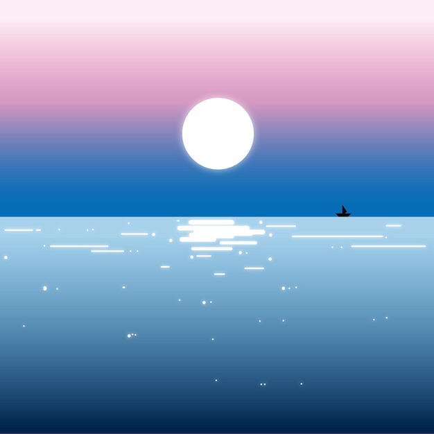 月の昇る海の景色のイラスト