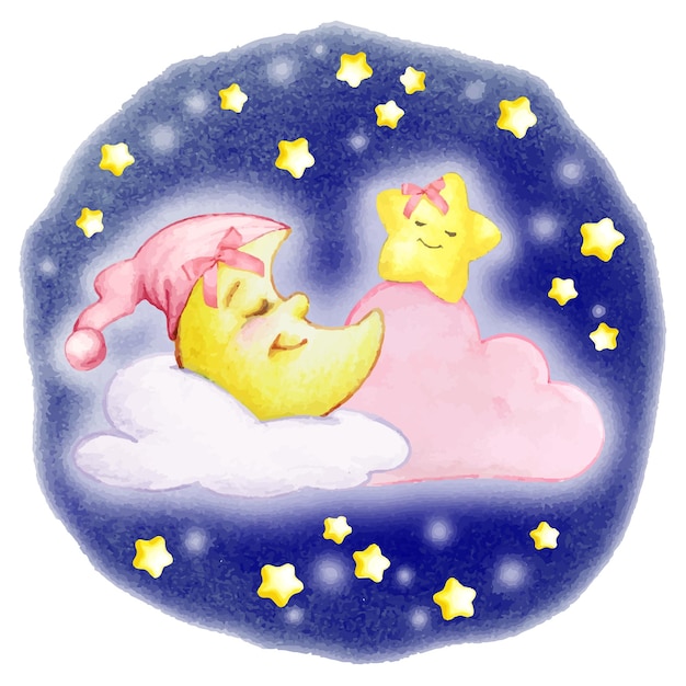 Illustration of moon and star on pink cloud