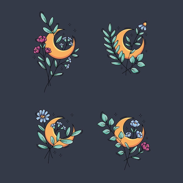 Illustrazione luna con fiori