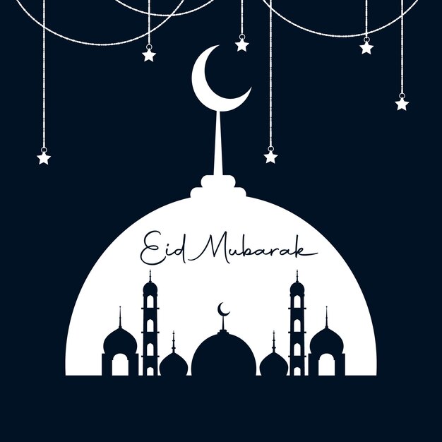 an illustration of a mosque and a crescent moon with the words eid mubarak