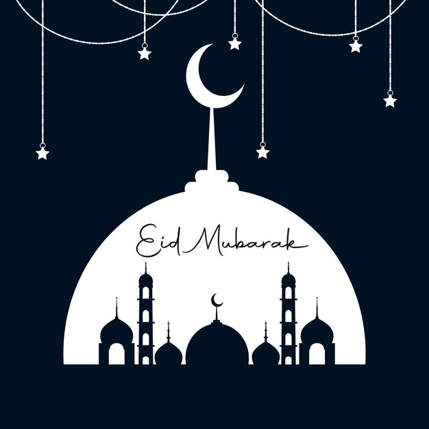 Un'illustrazione di una moschea e di una falce di luna con le parole eid mubarak