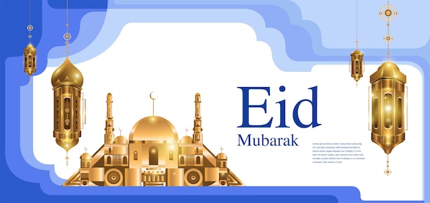 Illustration of mosque and lantern for eid mubarak islamic holiday