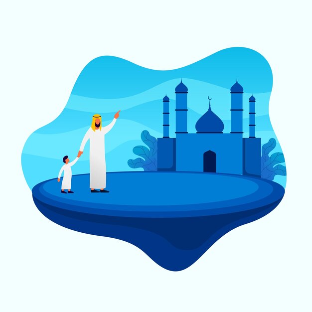 Vector illustration of mosque and muslims for world religion day poster