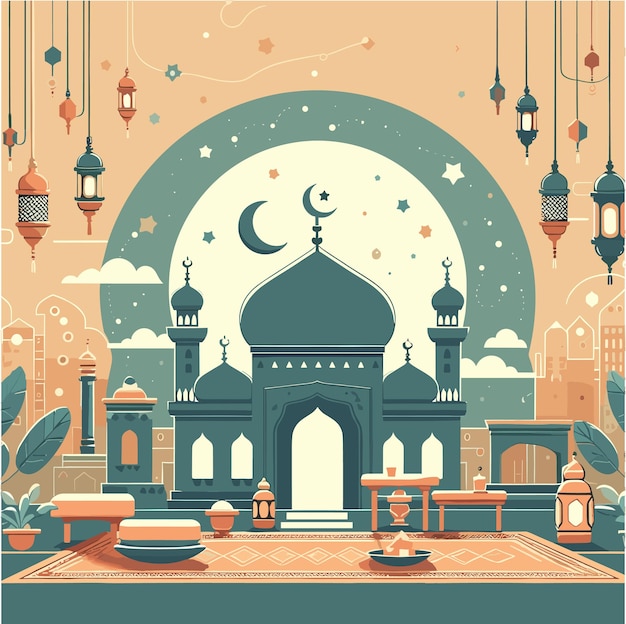 an illustration of mosque and ramadan vibes