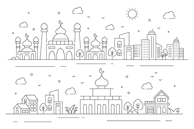 Illustration of a mosque with buildings in thin style