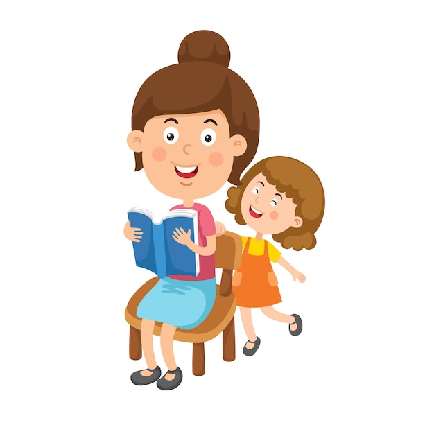 Illustration of a mother and child girl reading a book