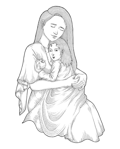 Illustration of mother and child hugging