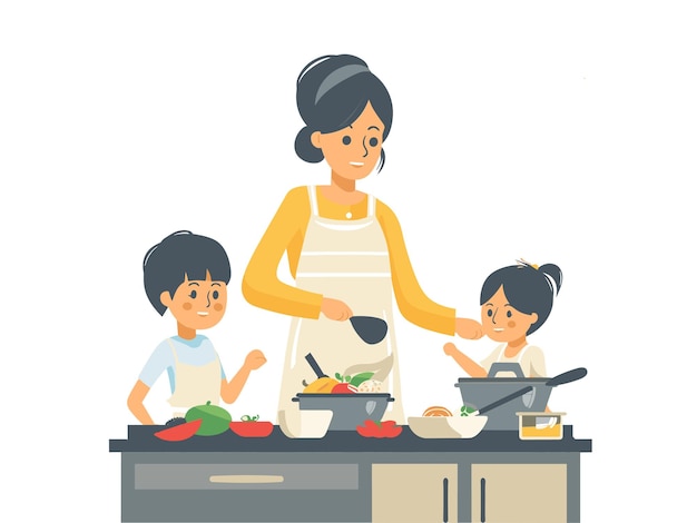 illustration of a mother cooking for her family