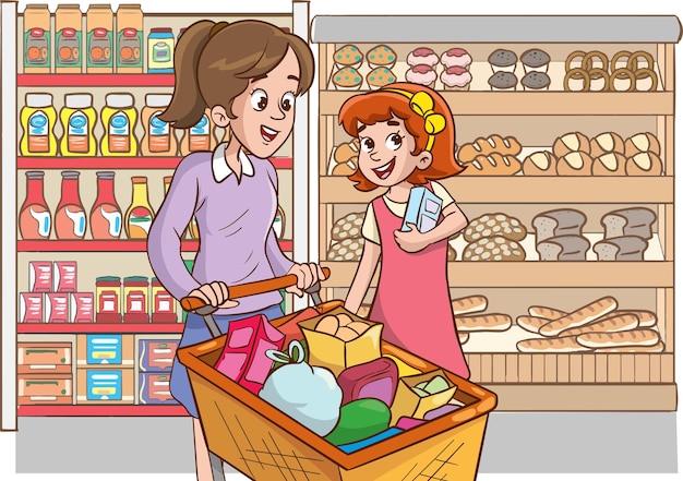 Illustration of a Mother and Daughter Shopping in a Grocery Store