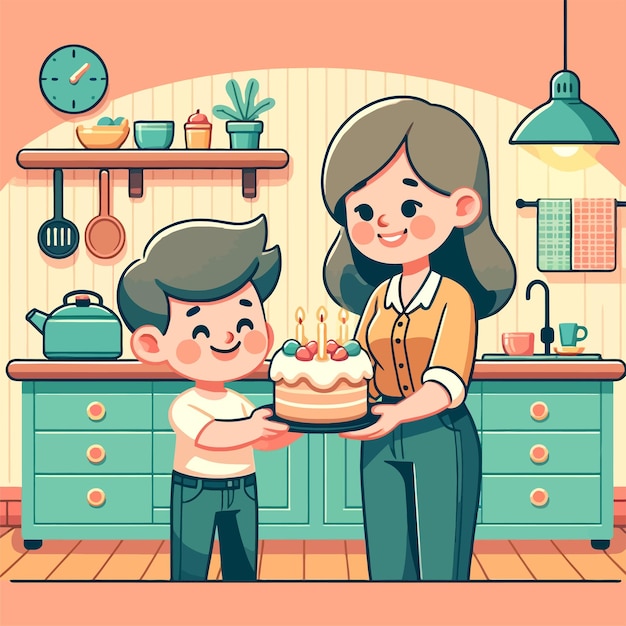 illustration of a mother giving a birthday cake gift to a son