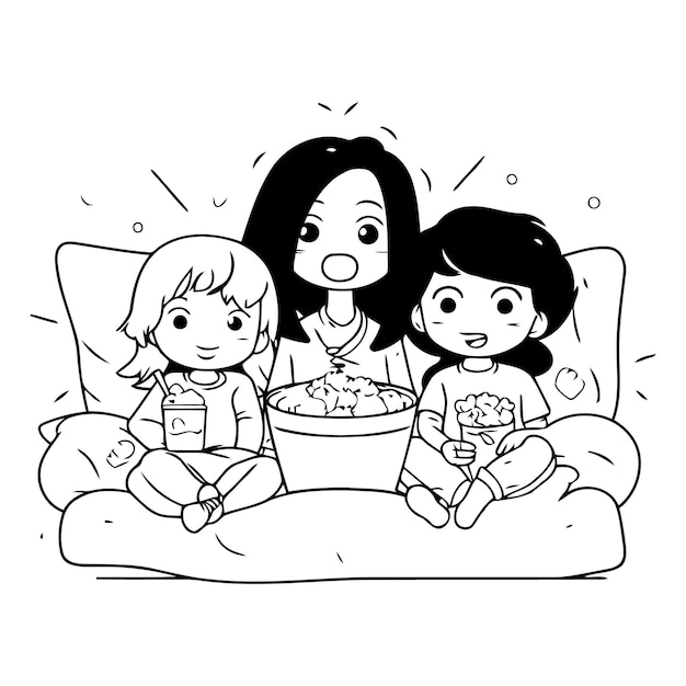 Illustration of a mother and her children watching TV and eating popcorn