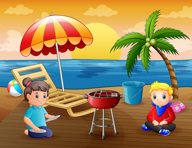 Illustration of a mother and her kid BBQ on the beach in summer