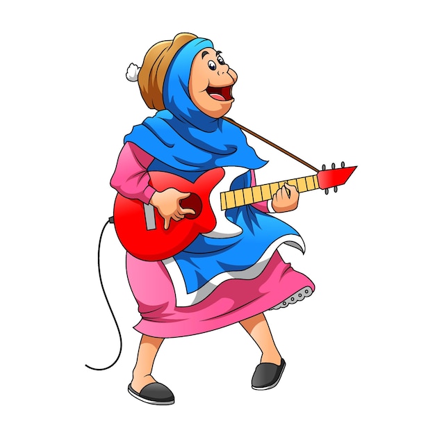The illustration of the mother using the blue veil and holding the electronic guitar