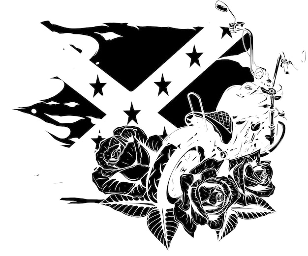 illustration of motorcycle bike with roses and confederate flag