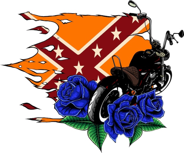 illustration of motorcycle bike with roses and confederate flag