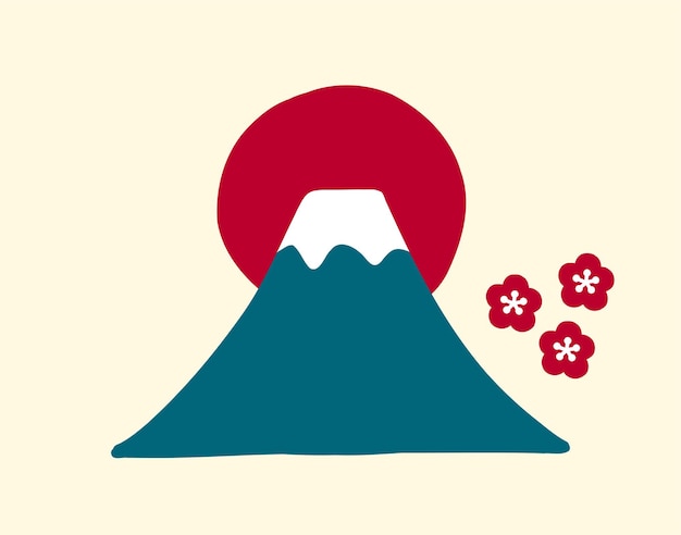 Illustration of Mount Fuji with a red sun and Japanese blossoms