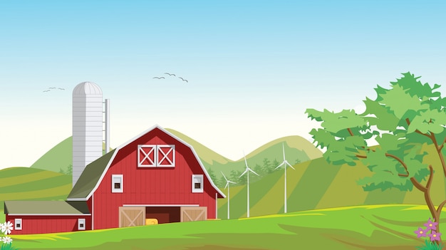 Illustrazione della campagna di montagna con fienile rosso fattoria