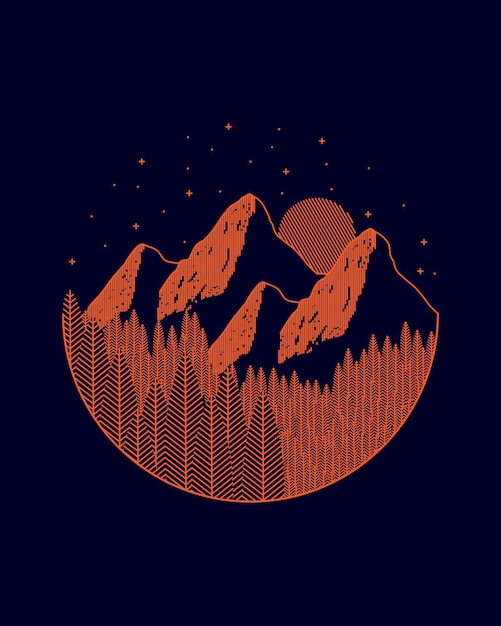 Illustrazione di montagne e pini in mono line art, design badge, t-shirt art, tee design