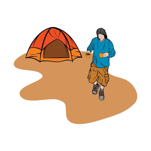 Vector illustration of a mountaineer walking to enjoy nature