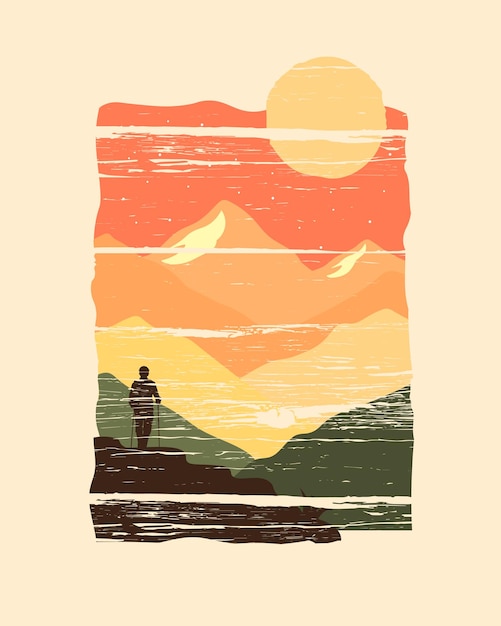 Vector illustration of mountains and mountain climber silhouettes in grunge style