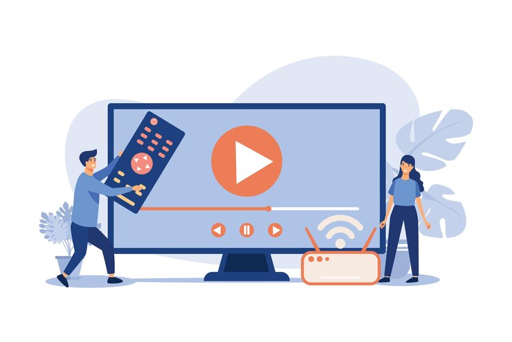 Vector illustration for movie watching home entertainment concept couple watching video on internet