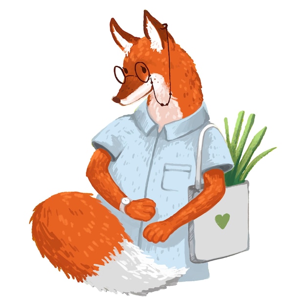 Illustration mr. fox in glasses with a watch in a shirt and a bag of vegetables is going to a store for children