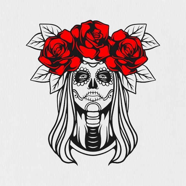 Vettore illustrazione della ragazza muertos e dei fiori sul dia de los muertos