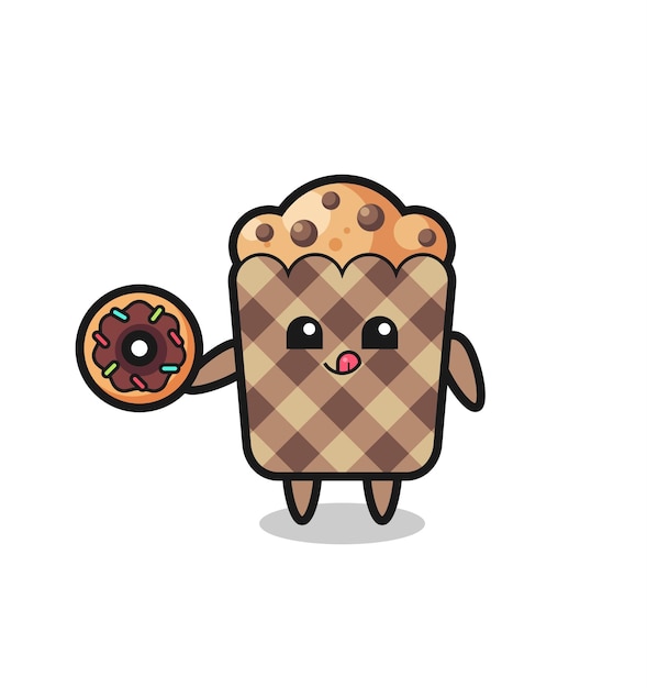 Illustration of an muffin character eating a doughnut cute design