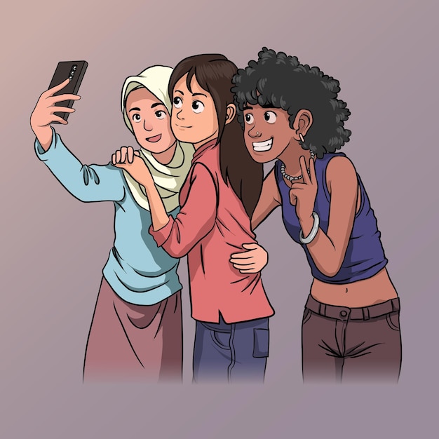 illustration of multi ethnic friends doing wefie