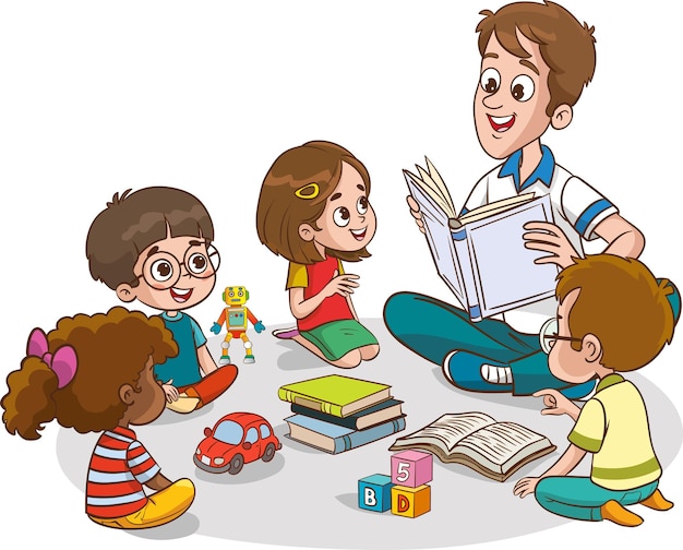 Illustration of multiracial kids and teacher sitting on the floor and reading the bookReading and e