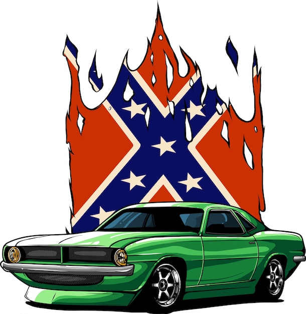 南軍の旗を持つマッスルカーのイラスト