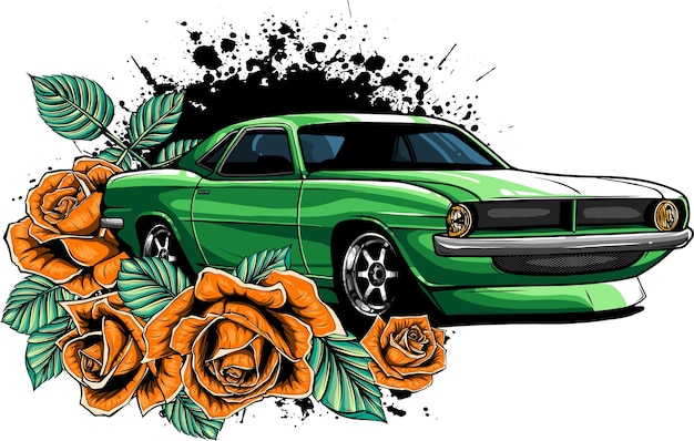 Vettore illustrazione di muscle car con fiori di rose