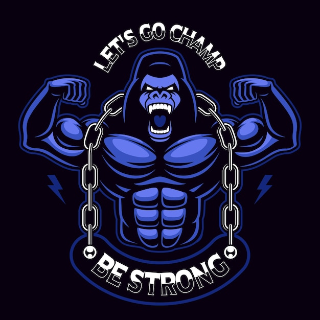 Illustration of a muscled gorilla with chain. sport mascot on the dark background. text is on the separate group.