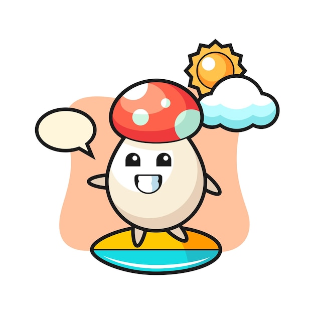 Illustration of mushroom cartoon do surfing on the beach